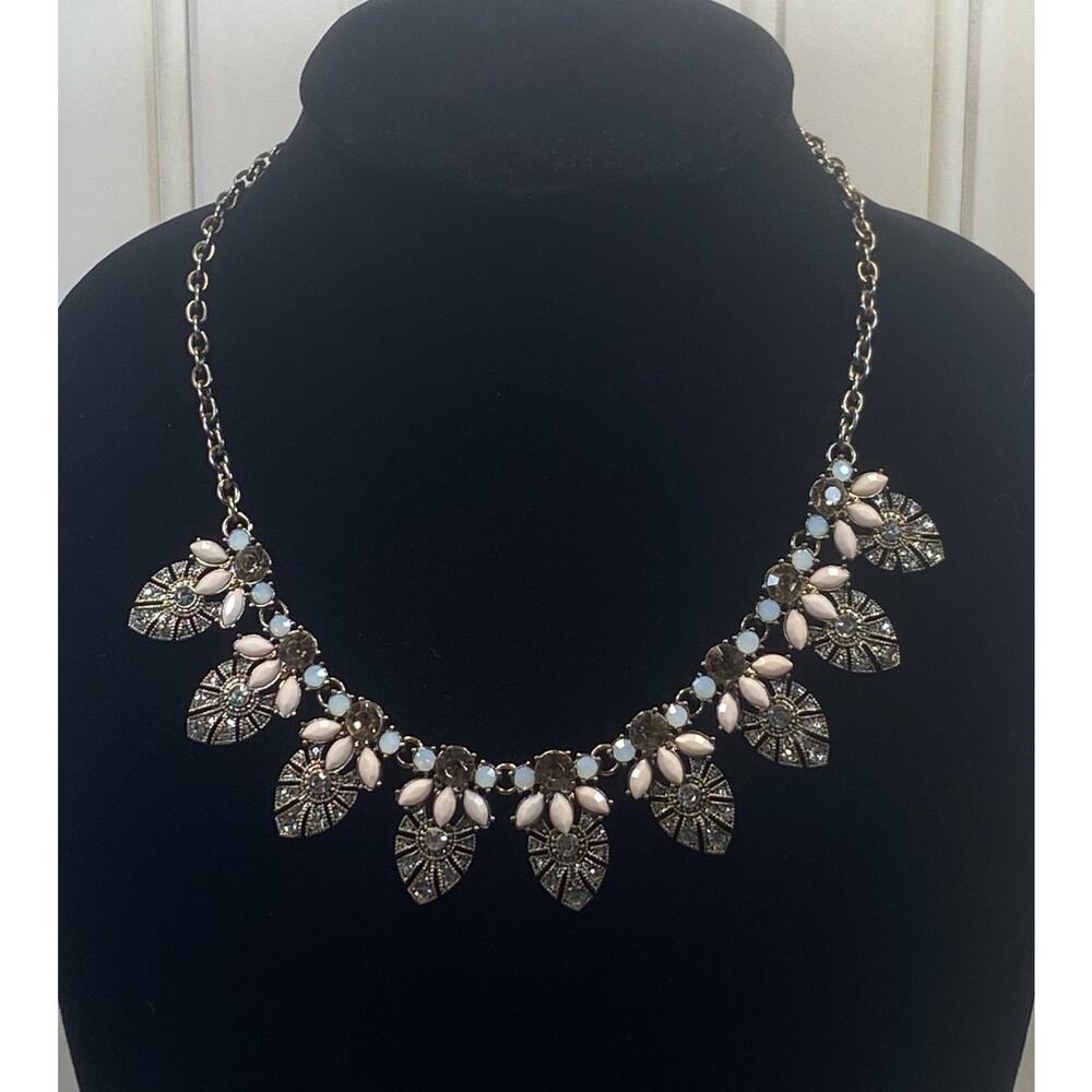 Vintage Charming Charlie Bold Bronze Tone Pastel & AB Stones Costume Necklace